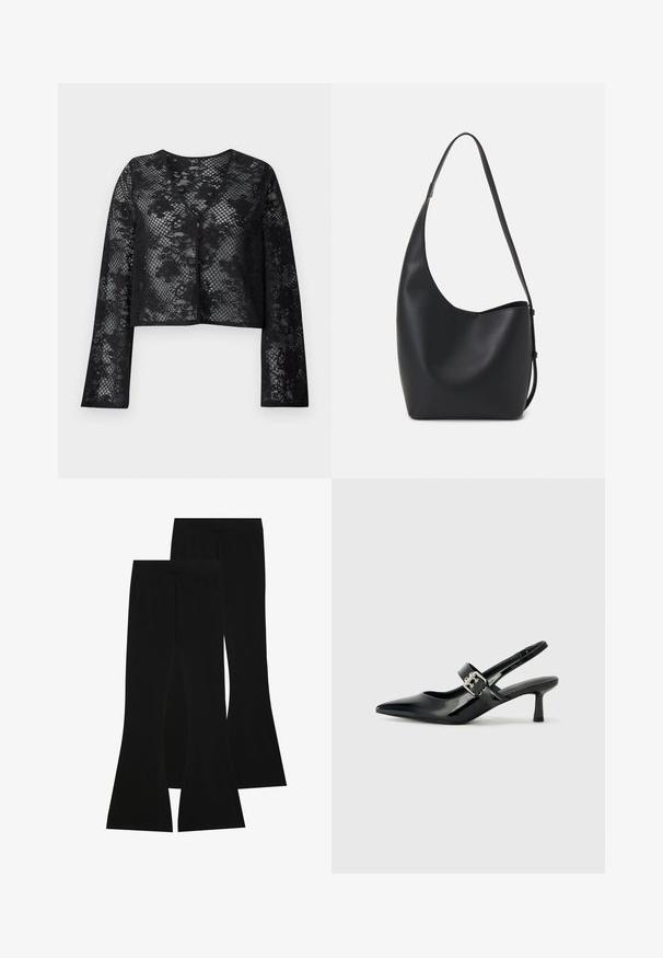 Schwarze Spitzen-Cardigan mit langen Ärmeln, mit floralem Muster und V-Ausschnitt, der vorne mit Knöpfen geschlossen wird.; Schwarzes Baumwoll-T-Shirt mit kurzen Ärmeln, das ein kleines pinkes Schmetterlingsmotiv auf der linken Brust zeigt. Crewneck-Design mit einem entspannten Schnitt.; Schwarze, ausgestellte Hose aus elastischem Stoff, mit hohem Bund und glatter Textur, die eng anliegt und ab dem Knie ausgestellt ist.; Schwarze Lackleder Slingback-Absätze mit spitzem Zeh und kleinem Blockabsatz, ausgestattet mit einem silbernen Schnallenakzent am Riemen.; Schwarze Leder-Hobo-Tasche mit einer glatten Textur, geschwungener Form und einem einzelnen verstellbaren Tragegurt; verfügt über eine weite Öffnung am oberen Ende.
