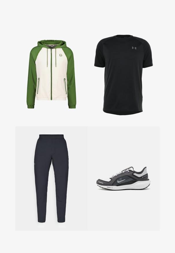 Giacca con cappuccio caratterizzata da un corpo bianco con maniche verdi, cerniera frontale completa, due tasche laterali con zip e polsini elasticizzati. Tessuto con texture liscia.; Maglietta atletica nera a maniche corte realizzata in tessuto morbido e leggero. Presenta un collo rotondo e un logo discreto sul petto.; Pantaloni sportivi neri con una texture liscia, vestibilità slim, vita elastica e tasche laterali. Presentano un piccolo logo sulla coscia sinistra.; Scarpa da ginnastica nera e grigia con tomaia in rete, dettagli riflettenti e intersuola bianca. Presenta una suola in gomma testurizzata e lacci.