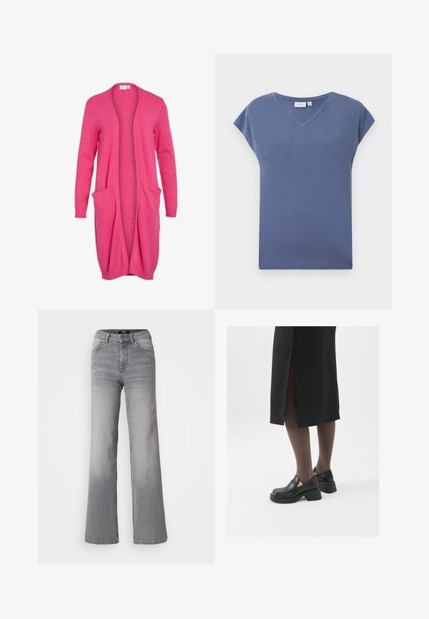 Cardigan lung, cu deschidere frontală, de culoare roz aprins. Fabricat dintr-un material moale, cu manșete ondulate și două buzunare frontale. Croială casual, lejeră.; Tricou cu guler în V, cu mânecă scurtă, într-o nuanță de albastru discret, fabricat din material de bumbac moale, cu o textură netedă și croială lejeră.; Jeans din denim gri, cu talie înaltă și croială dreaptă, cu fermoar și nasture frontal, buzunare frontale și spate, și nuanțe estompate pe coapse și gambe.; Pantofi din piele neagră cu vârful rotund, toc bloc gros și accente elastice pe lateral, asortați cu colanți închiși la culoare și o fustă neagră cu o fanta.