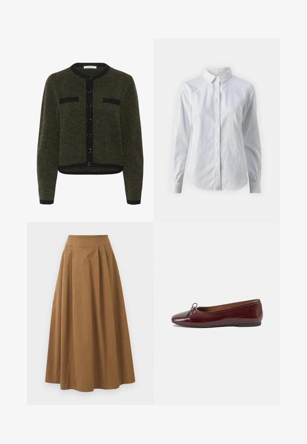 Olivzaļa kardigāns, kas izgatavots no teksturēta auduma, ar apaļu kakla izgriezumu, priekšējiem pogām un divām melnām kabatām.; Balta pogājamā krekla augšdaļa, izgatavota no gluda kokvilnas, ar klasisku apkakli, garām piedurknēm un izliekto apakšmalu. Pogas ir mazas un baltas.; Brūna kokvilnas A formas svārki ar augstu jostasvietu, kurai priekšā ir krokas un gluda tekstūra. Apakšmala ir tīra un vienkārša.; Burgundijas laku ādas baleta kurpes ar noapaļotu purngalu, nelielu loku akcentu priekšā un zemu melnu gumijas zoli. Gluda tekstūra.