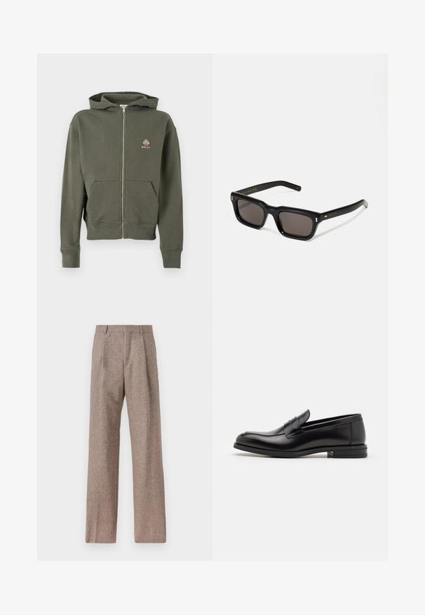 Olijfgroene hoodie met volledige rits, voorzakken, ribgebreide manchetten, capuchon en klein meerkleurig Bally-logo op de linkerborst.; Witte button-down shirt met een kraag, voorzien van subtiele verticale strepen, lange mouwen, een borstzak en een klassieke ronde zoom.; Bruine, hooggewaisted broeken van een gestructureerde stof. Heeft wijde benen en twee voorplooien voor extra structuur. Net afgewerkt zonder zichtbare hardware.; Zwarte leren instappers met een gladde textuur, ronde neus en een decoratieve band over de wreef. Lage, gestapelde hak en minimalistisch ontwerp.; Zwarte rechthoekige zonnebril met donkere lenzen, een dik plastic montuur, gouden accenten op de veren en het merkembleem gegraveerd op de arm.