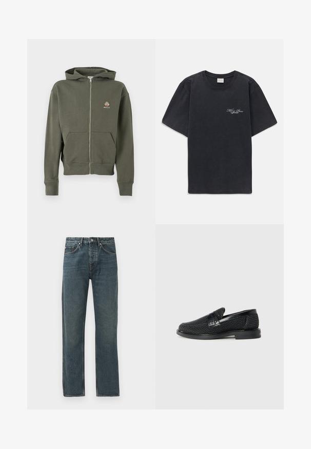 Hoodie zippé entier couleur vert olive avec poches avant, poignets côtelés, capuche et petit logo multicolore Bally sur la poitrine gauche.; T-shirt noir à manches courtes et col rond avec un petit logo « Filling Pieces » en blanc sur la poitrine gauche.; Jeans en denim bleu foncé avec une coupe droite, dotés de cinq poches, d'une fermeture à bouton et de détails de surpiqûres contrastants.; Chaussure slip-on tissée noire avec un accent en cuir lisse sur le dessus, un design à bout rond et une semelle en caoutchouc à profil bas.