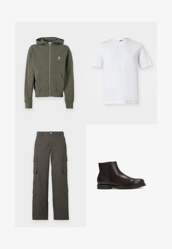 Olivevihreä täysivaroittava huppari etutaskuilla, pinnatyylillä, hupulla ja pienellä monivärisellä Bally-logolla vasemmassa rinnassa.; Valkoinen puuvillapaita, jossa on lyhyet hihat, pyöreä kaula-aukko ja sileä pinta. Kuvioita tai koristeita ei ole näkyvissä.; Tummanharmaat suorat cargo-housut, joissa napitus ja neljä läpällistä taskua, kaksi reiden kohdalla ja kaksi lähellä sääriä.; Musta nahkasaapas nilkkapituisella mallilla, jossa on sileä pinta, pyöreä kärki ja matala korko. Varustettu sivun vetoketjulla, joka helpottaa pukemista.