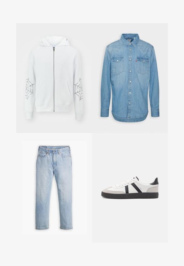 Jack & Jones JORWEB ZIP HOOD UNISEX - Sweat zippé - bright white; Chemise en denim bleu clair à manches longues, col pointu et deux poches poitrine. Dotée d'une fermeture à boutons et d'un ourlet courbe.; Jean en denim bleu clair avec une coupe droite, style cinq poches et coutures contrastantes. Fermeture à bouton et à glissière à la taille.; Baskets blanches avec des accents noirs et gris, présentant un embout texturé gris, une semelle en caoutchouc noir et des lacets plats blancs. Design épuré, style minimaliste.