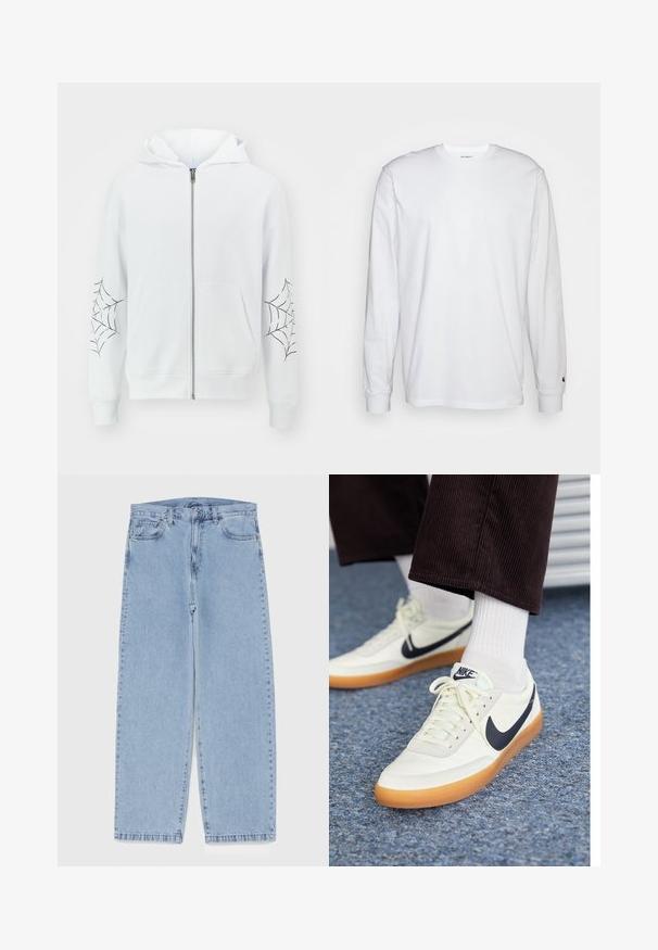 Jack & Jones JORWEB ZIP HOOD UNISEX - Mikina so zipsom - bright white; Biela dlhá bavlnená tričko s dlhým rukávom. Dizajn s okrúhlym výstrihom a rebrovanými manžetami, malá nášivka na ľavom rukáve. Hladká textura.; Svetlomodré denimové džínsy s rovnými nohavicami, s polovysokým pásom, piatimi vreckami a zapínaním na gombík a zips.; Nike tenisky z bielej kože s námorníckym swooshom, s gumovou podrážkou a bielymi šnúrkami, skombinované s bielymi ponožkami a tmavými kordovým nohavicami.