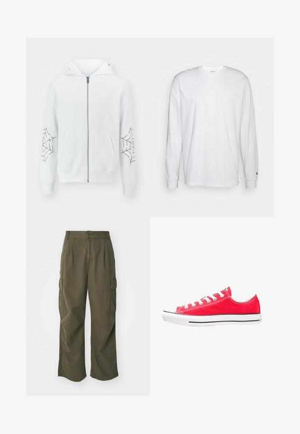 Jack & Jones JORWEB ZIP HOOD UNISEX - Felpa con zip - bright white; T-shirt bianca a maniche lunghe realizzata in cotone. Design con collo rotondo, polsini a costine e un piccolo logo sulla manica sinistra. Texture liscia.; Pantaloni cargo in verde oliva, realizzati in cotone, con un design a gamba larga, pieghe e tasche laterali per utilità.; Sneaker di tela rossa con punta in gomma bianca e suola. Presenta cinque coppie di occhielli bianchi, una striscia laterale nera e una superficie texturizzata.