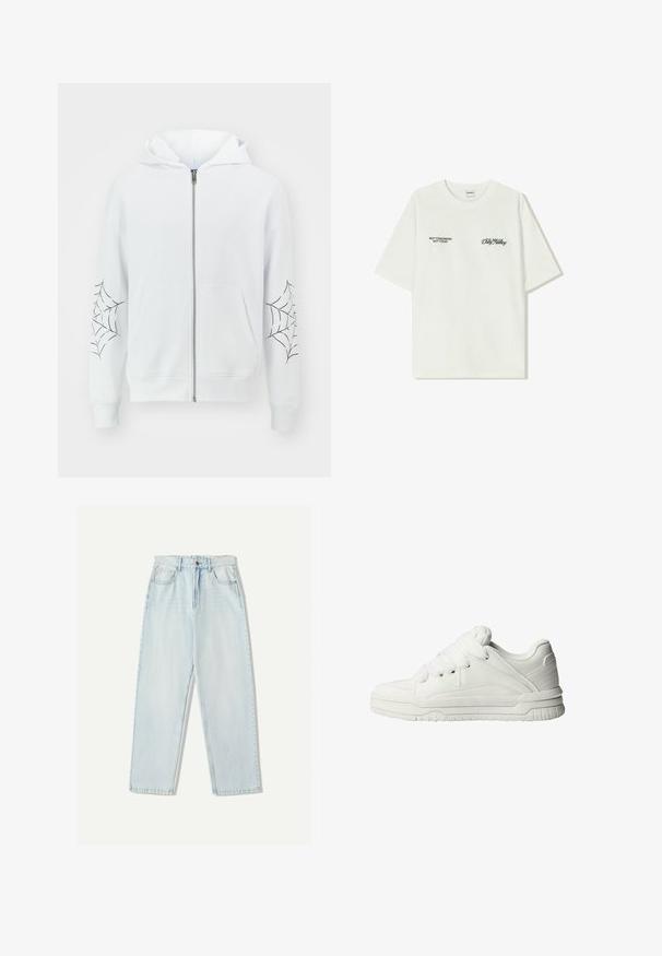 Jack & Jones JORWEB ZIP HOOD UNISEX - Sweat zippé - bright white; T-shirt en coton blanc à manches courtes. Le devant présente un texte noir : « PAS DEMAIN PAS AUJOURD'HUI » et « L'ART DU DIRT NOVING » en écriture verte.; Jeans en denim bleu clair avec une coupe décontractée, un design à jambe droite, un style à cinq poches et une légère décoloration sur le tissu.; Baskets blanches avec un extérieur en cuir lisse, une languette rembourrée, des lacets plats et des accents texturés sur les côtés et le talon.