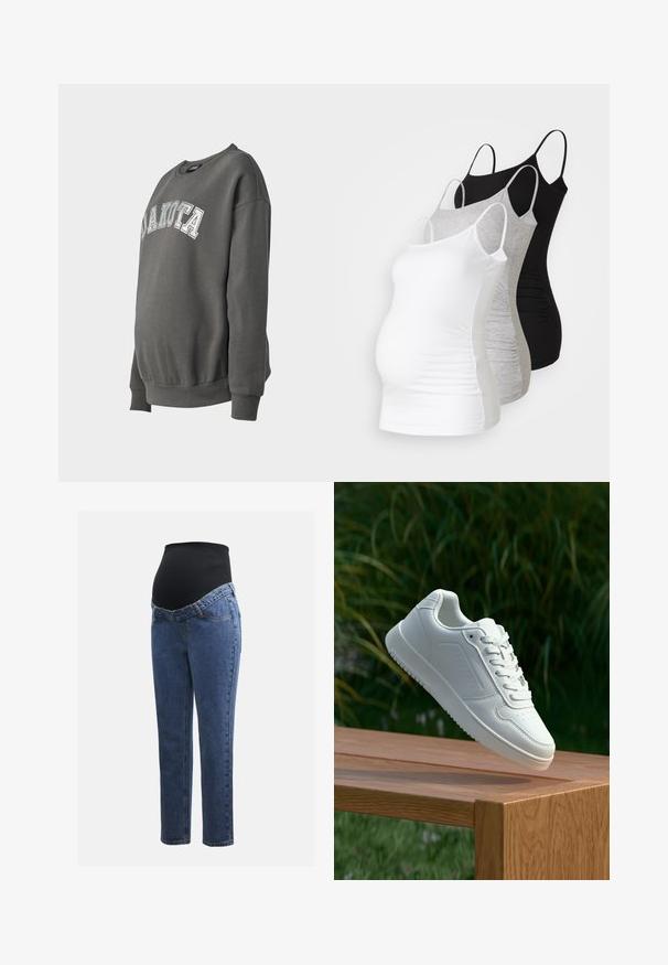 Tamsiai pilkas džemperis su siuvinėtu užrašu "DAKOTA" priekyje. Yra apvalus iškirpte ir raištelių rankovėmis bei apačia.; Trys nėštumo marškiniai be rankovių – balti, pilki ir juodi. Tampri medžiaga su reguliuojamomis petnešėlėmis ir susiraukšlėjusiomis šoninėmis siūlėmis, užtikrinančiomis komfortą.; Nėštumo džinsai su mėlynos džinsinės medžiagos kojomis ir juodu elastingu pilvo skydeliu, skirtu palaikyti ir uždengti augantį pilvuką.; Balti sneakeriai su lygia sintetine viršutine dalimi, perforuota pirštų zona, plokščiomis raištelėmis ir tekstūruotu padu, padėti ant medinės paviršiaus.