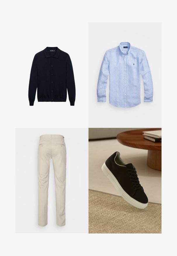 Cardigan blu navy realizzato in tessuto morbido, con scollo a collare, maniche lunghe e chiusura a bottoni sul davanti. Design semplice senza motivi.; Camicia a maniche lunghe a righe bianche e blu in cotone, con colletto button-down, bottoni frontali e un piccolo logo ricamato sul petto.; Pantaloni beige con una texture liscia, taglio dritto, due tasche posteriori con bottoni e vita standard.; Sneaker nero con suola bianca che flotta sopra un tappeto beige testurizzato vicino a un tavolo rotondo in legno con libri impilati.