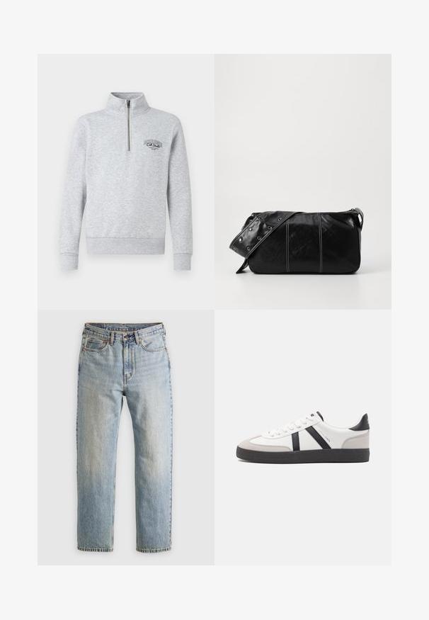 Grå zip-up sweatshirt med høj krave, ribbede manchetter og kant, med et sort logo på brystet. Lavet af et blødt, struktureret stof.; Brun strikket pullover med polo-krave, tre knapper ved halsen og lange ærmer. Blød tekstur, ribbede ærmer og kant.; Lysblå denim jeans med høj talje, frontknap, lynlås og fem-lomme design, lagt fladt på en neutral baggrund.; Hvide sneakers med sorte og grå detaljer, med en tekstureret grå tåhætte, sort gummisål og flade hvide snørebånd. Rent design, minimalistisk stil.; Sort læder skuldertaske med lynlås, der har en tekstureret overflade, hvid syning og en rem med sølvøskner.