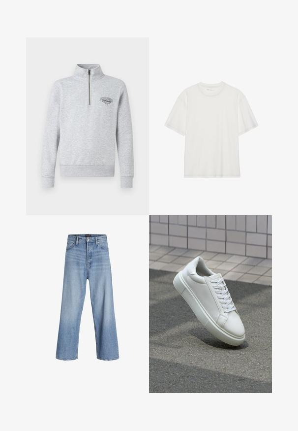 Grijze zip-up sweatshirt met een hoge kraag, ribgebreide manchetten en onderrand, met een zwart logo op de borst. Gemaakt van een zachte, gestructureerde stof.; Witte katoenen t-shirt met korte mouwen, ronde hals en contrasterende stiksel details rond de halslijn en mouwen.; Lichtblauwe denim wijdvallende jeans met een hoge taille, voorzien van een knoopsluiting, vijf pockets en subtiele vervaging. Schoon afgewerkte zoom.; Witte leren sneaker met een glad oppervlak, ronde neus en platte witte veters. Voorzien van een gestructureerde rubberen zool en minimale ontwerpelementen.