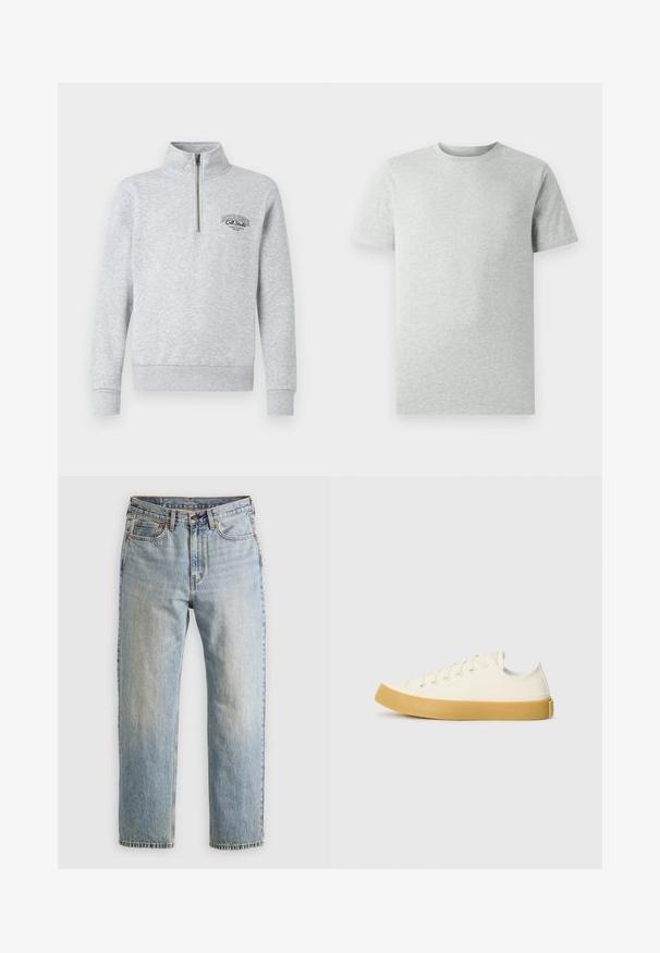 Grey zip-up sweatshirt with a high collar, ribbed cuffs and hem, featuring a black logo on the chest. Made from a soft, textured fabric.; Plain light gray short-sleeve crew neck T-shirt displayed on a white background, front view with no visible logos or designs.; Light blue denim jeans with high waist, front button, zipper, and five-pocket design, laid flat on a neutral background.; Canvas sneakers in off-white with a round toe, featuring beige rubber soles and five eyelets for laces, textured finish on the upper.