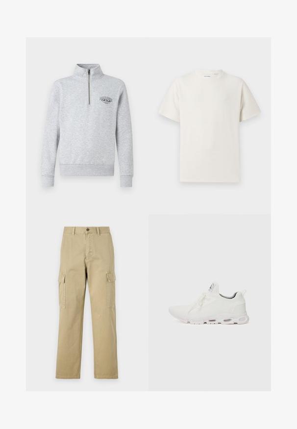Grå zip-up sweatshirt med høj krave, ribbede manchetter og kant, med et sort logo på brystet. Lavet af et blødt, struktureret stof.; Hvid kortærmet T-shirt i ribbet tekstur. Rund halsudskæring, løs pasform, ingen synlige mønstre eller accenter. Enkel og alsidig design.; Beige cargo bukser lavet af bomuld, med to sidelommer, knaplukning og lige ben i et let tekstureret stof.; Hvide atletiske sko med en tekstureret strikket overdel, flade snørebånd og en polstret sål med synlige luftkamre for ekstra støtte.