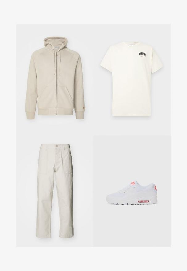 Felpa beige con zip in tessuto morbido, dotata di cappuccio regolabile con coulisse, tasche a marsupio, polsini a coste e dettagli di cucitura.; T-shirt in cotone color crema con maniche corte, con la scritta "NIKE SB" in nero e rosso sul petto. Collo tondo standard.; Pantaloni a gamba larga beige chiaro in cotone. Presentano tasche frontali e chiusura con bottone. Tessuto liscio con sottili linee verticali.; Sneaker atletica bianca con tomaia liscia, chiusura con lacci, suola ammortizzata e un'unità d'aria visibile con accenti rossi sul branding.