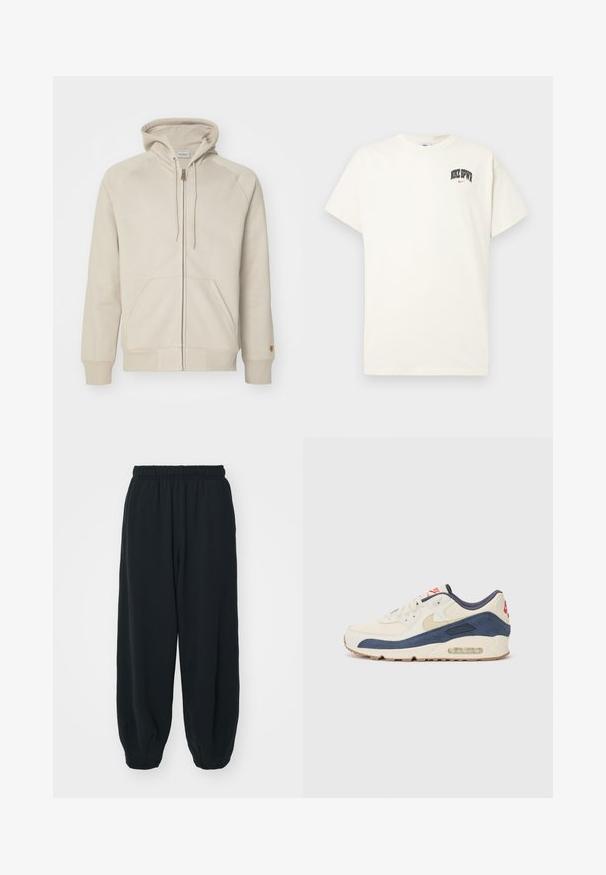 Sweatshirt bege com fecho éclair em tecido suave, com capuz ajustável, bolsos canguru, punhos canelados e detalhes de costura.; T-shirt de algodão na cor creme com mangas curtas, apresentando "NIKE SB" em texto preto e vermelho no peito. Gola redonda padrão.; Calças de fato de treino pretas, com cintura elástica e um corte solto, com punhos nas pernas, textura suave e sem padrões visíveis ou detalhes de metal.; Tênis com parte superior em couro creme e camurça azul-marinho, apresentando uma sola de ar visível, solado em borracha bege e um detalhe vermelho no calcanhar.