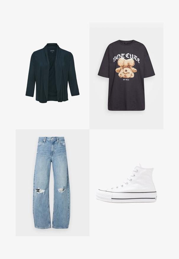 Black, lightweight cardigan with a draped front, three-quarter sleeves, and soft, smooth texture; designed for layering over tops.; Black oversized t-shirt featuring a graphic of a bear with the text “NOT CUTE BUT WILD” in bold, white lettering. Cotton material.; Light blue, high-waisted jeans made of denim. Feature wide legs, two torn knee areas, and classic five-pocket styling.; White high-top canvas sneaker with black rubber sole, front rubber toe cap, and six eyelets for laces, featuring a clean, minimalist design.