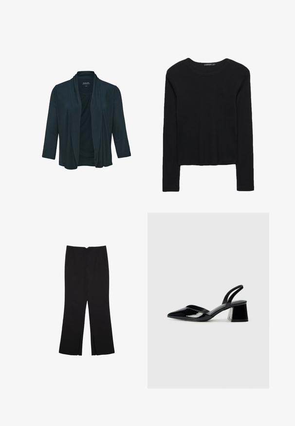 Schwarze, leichte Strickjacke mit drapiertem Vorderteil, Dreiviertelärmeln und weicher, glatter Textur; ideal zum Drüberziehen über Oberteile.; Schwarzes langärmliges Oberteil aus strukturiertem Stoff. Mit runder Halslinie und cropped Design mit schmalen Ärmeln. Keine sichtbaren Muster.; Schwarze Hose mit geradem Schnitt, ausgestattet mit Fronttaschen und Seitenschlitzen am Saum. Hergestellt aus weichem, glattem Stoff. Geeignet für verschiedene Anlässe.; Schwarze Lackleder-Slingback-High Heels mit spitzem Schuh und einem geometrischen Blockabsatz. Verfügt über ein schlankes, minimalistisches Design und eine glatte Textur.