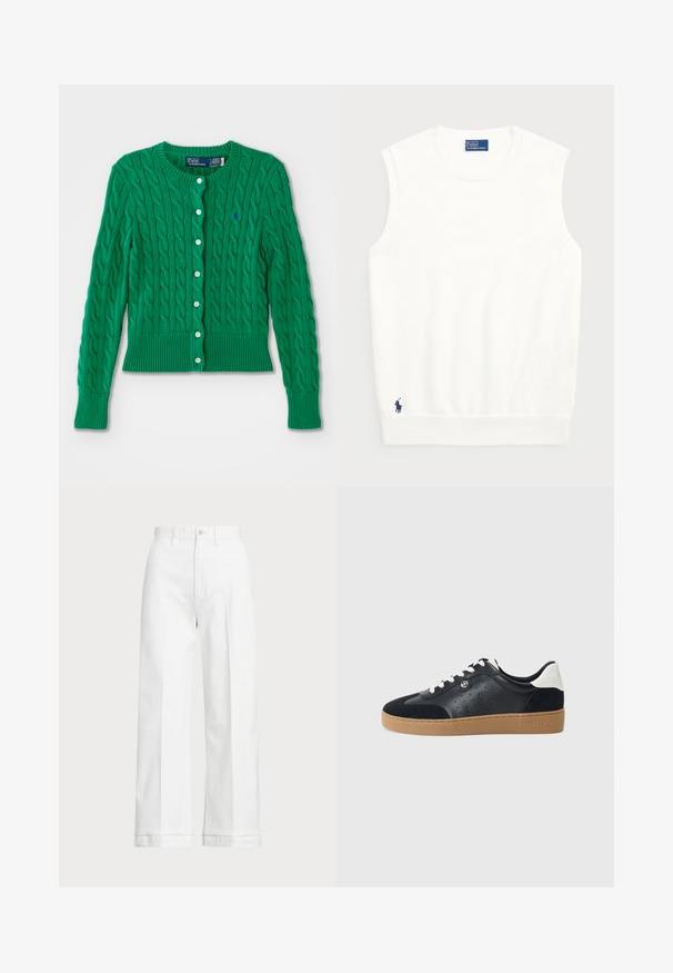Zeleno pleteno kardigan z vzorom kabel, rebrastim robom in manšetami, šestimi belimi gumbi spredaj ter majhnim logotipom na levem prsnem delu.; Bela brezrokavna jopica iz gladkega bombaža, z ribastim robom in majhnim mornarsko modrim logotipom na spodnjem levem delu. Preprost dizajn, brez vzorcev.; Bele široke hlače z visokim pasom, ki imajo gumbasto zapiranje in diskretne šive. Narejene so iz bombaža z gladko teksturo.; Črne usnjene in semiš tenisice z lahkim rjavim gumijastim podplatom. Imajo bele vezalke in majhne perforacije ob straneh. Prikazana je logo Michael Kors.