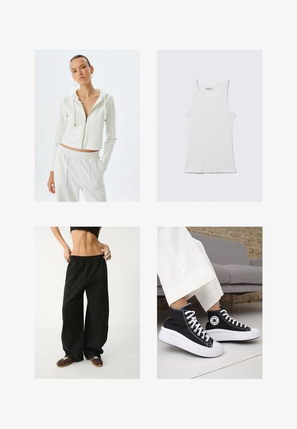 Hvid zip-up hoodie med hætte og lange ærmer, lavet af et blødt materiale. Sammen med matchende bukser med elastisk talje og lommer.; Hvid bomulds tanktop med ribbet tekstur, ærmeløst design og rund halsudskæring. Har et mærke ved halsen med teksten "WEEKDAY."; Svarte, vide sweatpants med elastisk talje. Lavet af blødt stof og med en afslappet pasform. Parret med brune sneakers.; Sorte høj-top sneakers i lærred med hvide gummisåler og snørebånd. Har et rundt logo på siden og kontrasterende hvide syninger.