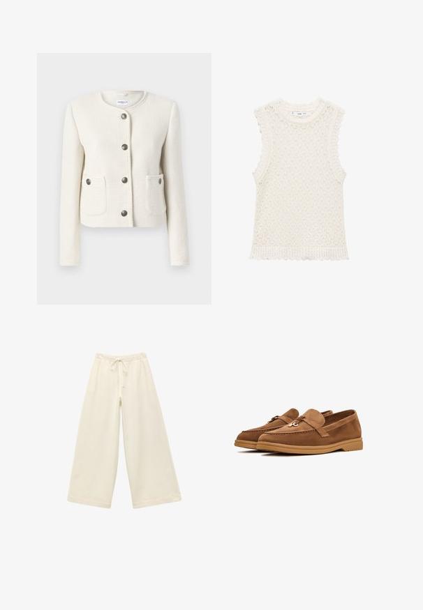 Marella AFONA mleczny; Bezrękawnik z dzianiny w kolorze kości słoniowej z teksturowanym, otwartym splotem. Faliste krawędzie na otworach na ramiona i dolnym wykończeniu dodają szczegółów.; Kremowe spodnie o szerokich nogawkach z elastycznym paskiem w talii i sznurkiem. Gładka tekstura, do kolan, luźny krój i brak widocznych wzorów.; Brązowe zamszowe mokasyny z płaską podeszwą, zdobione dekoracyjną kokardą i subtelnymi przeszyciami. Okrągły kształt palców.
