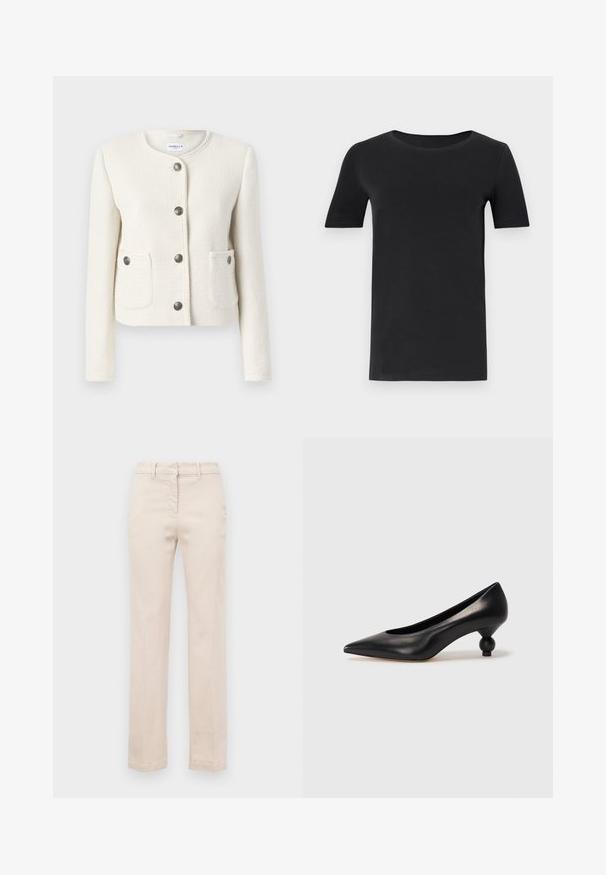Marella AFONA - Bleiser - bianco; Must must valmistatud pehmest puuvillast, lühikeste varrukatega, ümmarguse kaelusega ja klassikalise lõikega. Sile tekstuur, ilma mustrite või kaunistusteta.; Beige puuvillased püksid, millel on kohandatud istuvus, sirged sääred, eesmine lukuga sulgemine ja sile tekstuur. Omab traditsioonilisi vööringe.; Must musta kõrge kontsaga king, millel on terav nina ja ümar, pallikujuline konts. Sile pind ja elegantne, minimalistlik disain.