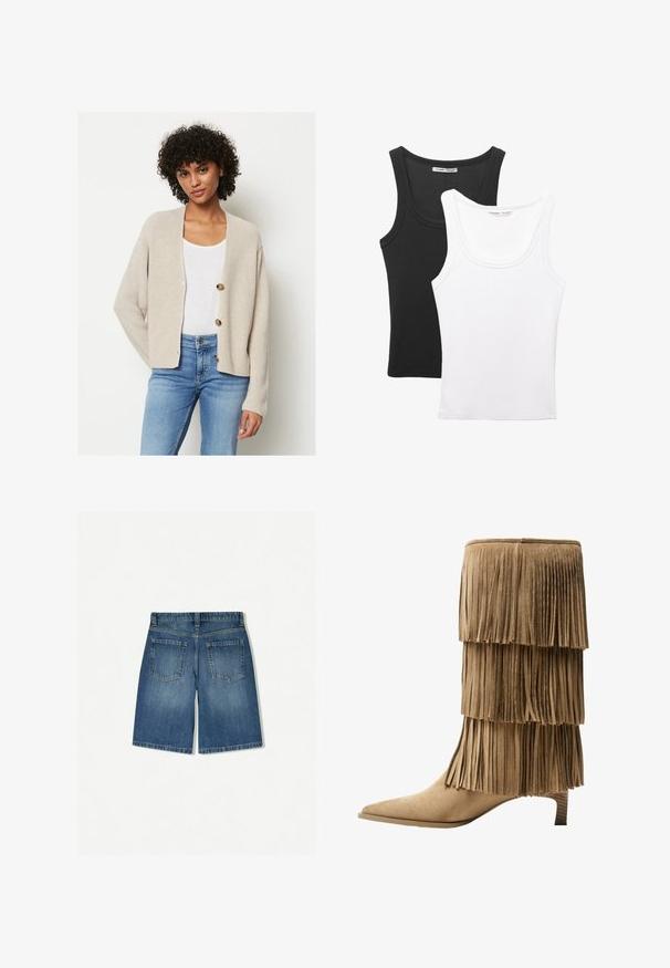 Cardigan en tricot beige avec une texture côtelée, décolleté ouvert et trois gros boutons. Porté sur un débardeur blanc et un jean bleu.; Deux débardeurs exposés, l'un noir et l'autre blanc. Les deux ont une texture côtelée, des bretelles larges et un décolleté arrondi.; Shorts en denim bleu moyen avec une coupe décontractée, comportant deux poches arrière et un ourlet droit et épuré. Design classique à cinq poches.; Bottine à franges en daim tan avec trois couches de franges. Bout pointu et petit talon carré. Texture lisse sur l'ensemble.