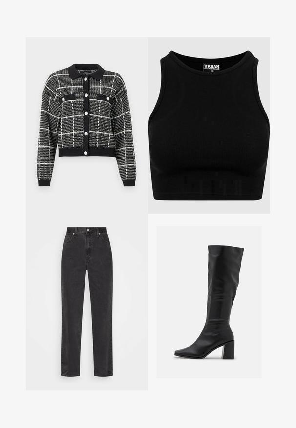 Svart och vit rutmönstrad cardigan med krage, knappstängning fram, två bröstfickor, ribbade ärmslut och en kort design.; Svart ribbad croptop med rund halsringning och ärmlös design. Tillverkad av ett elastiskt, texturerat tyg. Märket heter "Urban Classics."; Svarta jeans med rak benstil och hög midja, framknapp och dragkedja, samt fem fickor mot en vit bakgrund.; RAID BLICK - Stövel - black