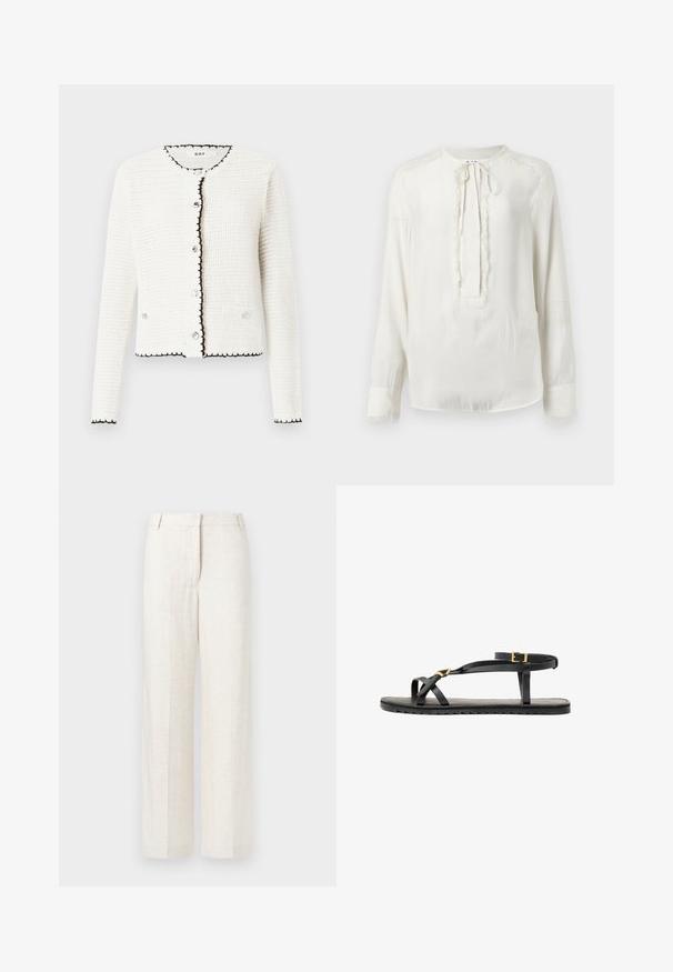 White textured cardigan with black trim, round neckline, and front-button closure. Features two front pockets and long sleeves.; White long-sleeve blouse with a round neckline and tie closure. Features a textured trim along the front and cuffs. Smooth fabric finish.; Beige wide-leg trousers in a linen blend, featuring a smooth texture, classic front pleats, and side pockets for added functionality.; Black leather sandals with thin straps and a buckled ankle strap. Flat sole with a textured finish and zigzag edge. Minimalist design.