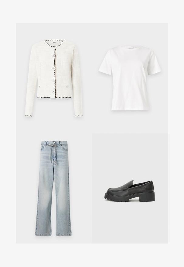 Cardigan bianco con texture e rifiniture nere, scollatura rotonda e chiusura con bottoni frontali. Presenta due tasche frontali e maniche lunghe.; T-shirt bianca in cotone con maniche corte, scollatura rotonda e vestibilità rilassata. Struttura liscia, senza motivi né accenti, design minimalista.; Jeans a gamba larga blu chiaro realizzati in denim, con vita alta, tasche frontali e un dettaglio con cordoncino in vita. Struttura con effetto strappato.; Mocassini in pelle nera con punta arrotondata, suola spessa e testurizzata, e minime cuciture. Design elegante senza lacci o parti metalliche visibili.