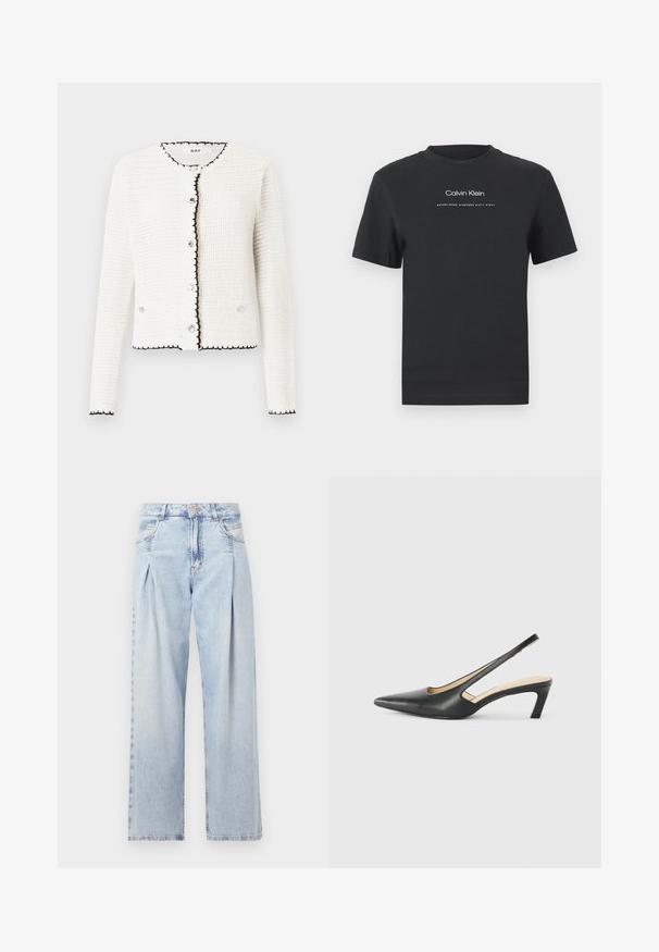 Hvit teksturert cardigan med svart kant, rund halslinning og front-knapping. Har to frontlommer og lange ermer.; Svart bomull T-skjorte med rund hals, korte ermer, og hvit trykt "Calvin Klein" logo og tekst "Etablert 1968".; Lyseblå denimjeans med høy livlinje, vide ben, to sidelommer og plisserte detaljer. Myk tekstur med en falmet finish.; Svart spiss tå slingback-sko med lav hæl, laget av jevnt skinnmateriale og med utskåret design på siden for pusteevne.