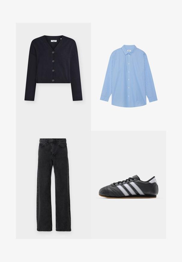 Temno modra kratka jopica iz mehkega pletenega blaga, s V-izrezom, dolgimi rokavi in šestimi gumbi spredaj.; Modra in bela črtasta dolgosleeve srajca s klasičnim ovratnikom, gumbnim zapenjanjem in zaobljenim robom. Narejena iz lahkotnega materiala.; Črne jeans hlače s širokim krojem, ki vključujejo klasičen pet-pocket stil, gumbasto zapiranje in subtilno zbledelost.; Črne usnjene športne čevlje z belimi črtami, okroglo konico, ravnim podplatom in vezalnim zapiranjem. Ima perforacije za zračnost.