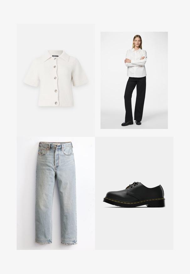 Lühikeste varrukatega valge kudum, millel on krae, viie suure nupuga ning soonikuga äärised ja varrukad tekstuuri ja struktuuri loomiseks.; Valge särgiga, millel on krae ja pikad varrukad, koos mustade laia säärega pükstega ja läikivate mustade kingadega. Sile kangas, mugav lõige.; Heledad sinine teksapüks, sirge jala disainiga, mis on varustatud kulunud serva, vasknööpide ja klassikalise viie tasku stiiliga.; Mustad mustadest nahast jalatsid ümarate varvastega, seotud disainiga, kollase õmblusega äärel ja paksu musta kummist tallaga, et tagada haakumine.