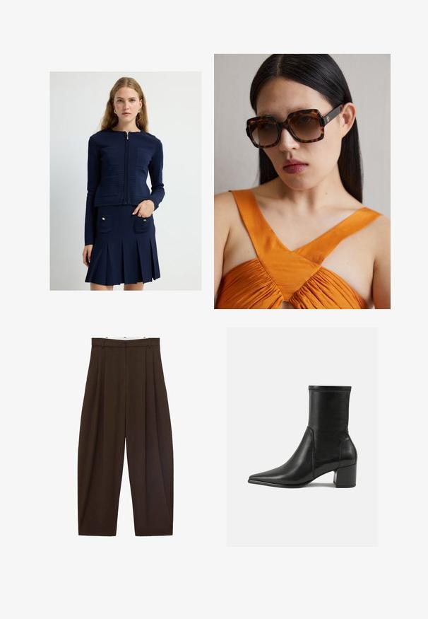 Granatowa, fakturowana kurtka z zamkiem błyskawicznym i plecionymi detalami; zestawiona z plisowaną spódnicą z dwoma przednimi kieszeniami i złotymi guzikami.; Bluzka z długim rękawem w ciemny brązowy kolorze, wykonana z pogniecionej tkaniny. Posiada wysoki kołnierz z detalem w postaci sznurka i mankiety. Gładka, lekka faktura.; Brązowe spodnie z wysokim stanem z zakładkami, wykonane z gładkiego materiału. Luźny krój, prosta nogawka, z różkami na pasek i suwakiem.; Czarny botek za kostkę wykonany z gładkiej skóry, z szpiczastym noskiem, słupkowym obcasem oraz wyraźnym podniesionym szwem na górnej krawędzi.; Brązowe okulary przeciwsłoneczne w tortoise shell o dużym prostokątnym oprawie i gradientowych soczewkach. Złota detalacja logo po boku.; Czarna torebka z zamszu z podwójnymi uchwytami, o strukturalnym designie, wyraźnymi przeszyciami i przestronnym kształcie, idealna do wszechstronnego użytku.