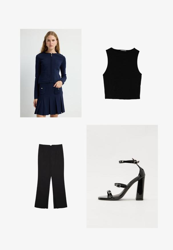 Navy tekstitettu zip-up takki, jossa on punottu yksityiskohta; yhdistetty pleat-hameeseen, jossa on kaksi etutaskua ja kultanapit.; Musta hihaton crop-top, joka on valmistettu sileästä kankaasta, jossa on pyöreä kaula-aukko ja siisti, yksinkertainen muotoilu ilman kuvioita tai varusteita.; Mustat housut suoralinjaisella leikkauksella, joissa on etutaskut ja sivurei'ät helman alla. Valmistettu pehmeästä ja sileästä kankaasta. Sopii eri tilaisuuksiin.; Musta kiiltävä korkokenkä sandaalit neliönmuotoisella varpaalla, nilkkaremmillä ja hopeisilla soljilla. Varustettu tukevalla lohkokorkealla vakauden takaamiseksi.
