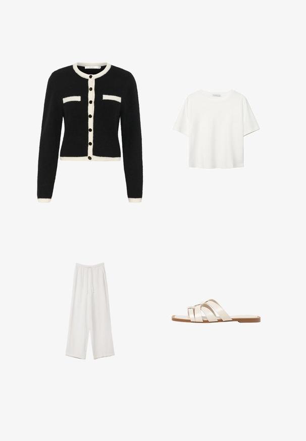 Czarny puszysty kardigan z białą plisą guzikową i akcentami kieszeni. Posiada czarne guziki oraz krótki fason z długimi rękawami.; Biała koszulka z krótkim rękawem, wykonana z bawełny. Posiada okrągły dekolt i luźny krój. Gładka faktura bez widocznych wzorów czy akcentów.; Białe spodnie o szerokich nogawkach wykonane z lekkiego materiału. Posiadają elastyczny pas z sznurkiem i boczne kieszenie. Gładka tekstura.; Płaskie sandały z brązową gumową podeszwą, zaprojektowane z trzema nakładającymi się na siebie białymi skórzanymi paskami i małym detalem w postaci kokardy na środku.