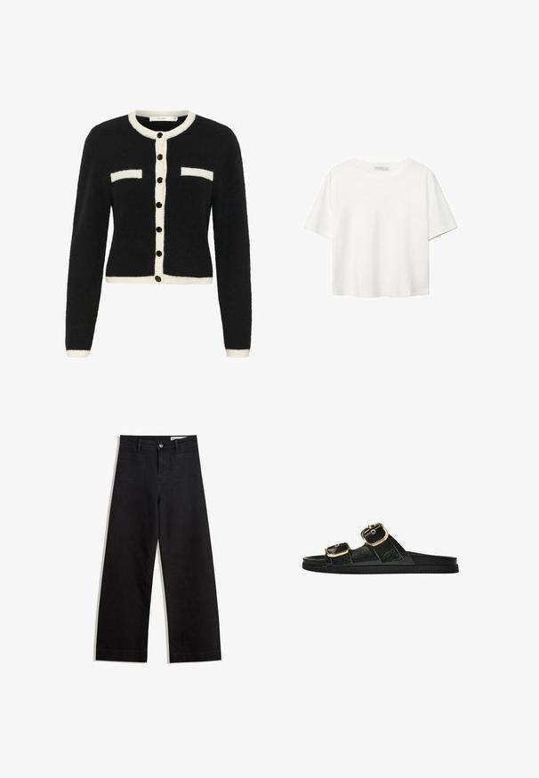 Musta pörröinen kardigan valkoisella nappilistalla ja taskuilla. Varustettu mustilla napeilla, lyhyt malli ja pitkät hihat.; Valkoinen lyhythihainen T-paita, joka on tehty puuvillasta. Siinä on pyöreä kaula-aukko ja rento malli. Silkkinen pinta ilman näkyviä kuvioita tai koristeita.; Mustat leveät farkut korkealla vyötäröllä, joissa on etu- ja takataskut, ommellut saumat ja nappisuljenta. Silkinoinen rakenne.; Musta liukusandaali, jossa on kaksi kultaisesta solkesta tehtyä korostusta, sileäpintainen materiaali, litteä pohja ja minimalistinen muotoilu.