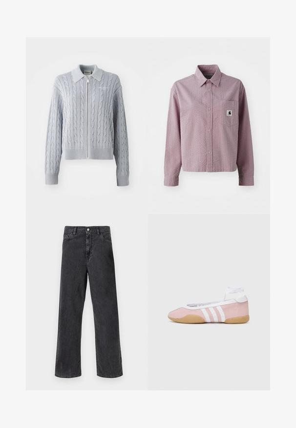 Kardigan od plave ženske vune s patentnim zatvaračem, ovratnikom, rebrastim rukavima i rubom. Ima teksturirani uzorak s glatkom završnom obradom.; Svijetlo ružičasta košulja s dugim rukavima, teksturiranim uzorkom, džepom na prsima i malom oznakom s logotipom na džepu.; Crne traperice od denima ravnog kroja, s metalnim kopčanjem, pet džepova i vidljivim šavovima. Glatka tekstura i prigušena boja.; adidas Originals TAEKWONDO MEI BALLET - Tenisice - clear pink/ftwr white/gum