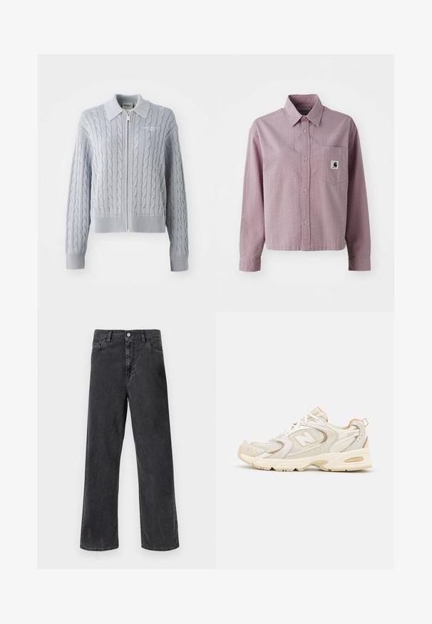 Pulover iz cable-knit v modri barvi s zadrgo, ovratnikom, rebrastimi manšetami in robom. Ima strukturiran dizajn s gladkim zaključkom.; Svetlo roza košulja na gumb s teksturiranim vzorcem, dolgimi rokavi, žepom na prsih in majhno oznako na žepu.; Črne denim kavbojke s ravnim krojem, z metalno zaponko za zapiranje, petimi žepi in vidnim šivanjem. Gladka tekstura in zatemnjen odtenek.; Bež športni čevlji z mrežasto in sintetično oblogo, ki imajo teksturirano površino, podložen ovratnik in 'ABZORB' blaženje v peti.