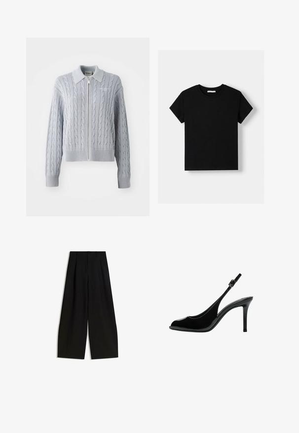 Niebieski kardigan z dzianiny w splot warkoczowy, z zapięciem na zamek błyskawiczny, kołnierzem oraz ściągaczami na rękawach i dole. Posiada teksturowany wzór o gładkim wykończeniu.; Czarna bawełniana koszulka z krótkimi rękawami, okrągłym dekoltem i luźnym krojem. Gładki design bez wzorów czy ozdób.; Czarne spodnie szerokie z gładkiego materiału, z wysokim stanem, plisami z przodu i bez widocznych ozdób czy wzorów.; Bershka - Szpilki bez palców