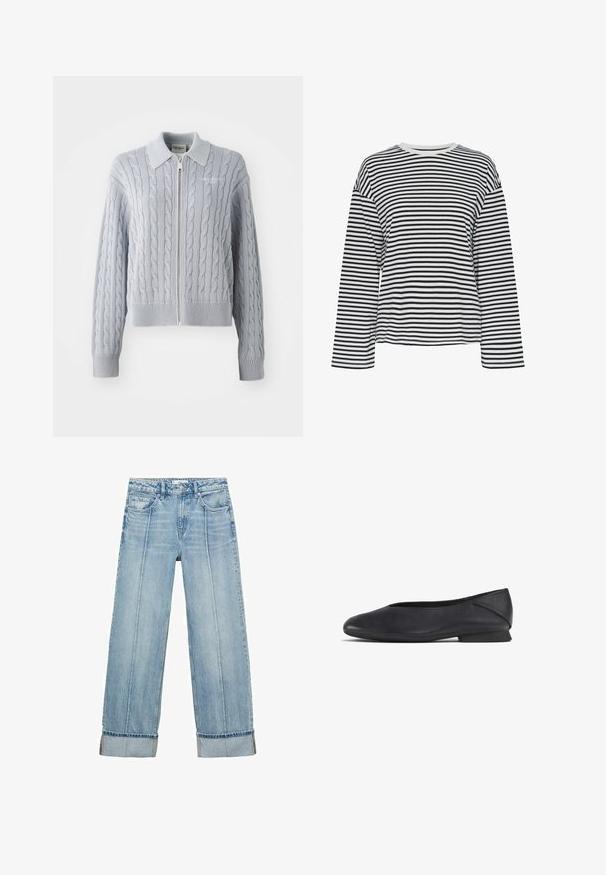 Cardigan blu a maglia grossa con chiusura a zip, colletto, polsini e orlo a coste. Presenta un motivo testurizzato con una finitura liscia.; Maglietta a maniche lunghe a righe bianche e nere con scollo a giro. Tessuto morbido, vestibilità comoda e dettagli a contrasto sul colletto.; Jeans a gamba larga in denim blu chiaro con vita alta, dotati di cinque tasche, cuciture visibili e orli risvoltati ai polsini.; Scarpa piatta nera in pelle con punta arrotondata e tacco basso, progettata per un uso casual o formale.