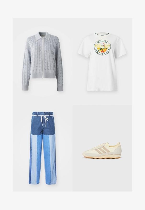 Cable-knit blue cardigan with a zip closure, collar, ribbed cuffs, and hem. Features a textured pattern with a smooth finish.; White cotton t-shirt with short sleeves, featuring a round graphic logo in green and yellow, displaying "Adidas Originals" and fruit designs.; Blue denim pants featuring a patchwork design with varying shades of blue, a drawstring waist, and loose, straight-cut legs.; Cream athletic sneaker featuring three beige stripes, suede and textile materials, a textured sole, and embossed branding on the heel.