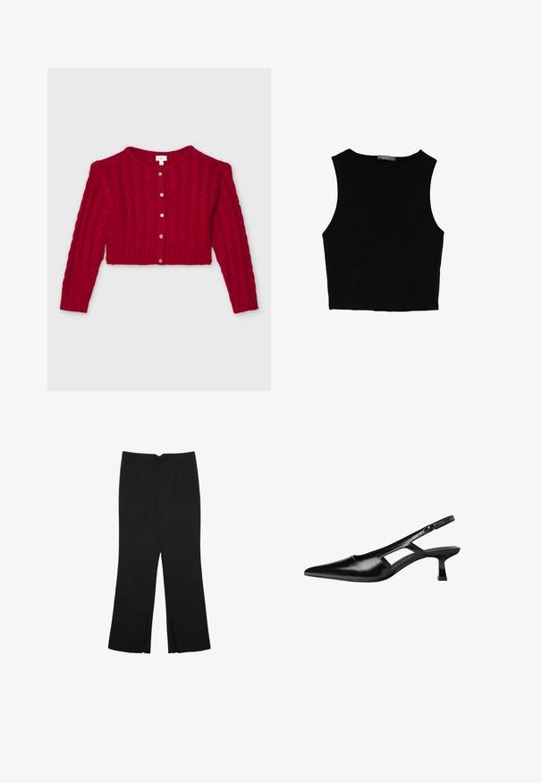 Roter gestrickter Cardigan mit einem verkürzten Design, langen Ärmeln, einem runden Halsauschnitt und goldfarbenen Knöpfen in der Mitte. Strukturiertes Kabelmuster.; Schwarzes ärmelloses Crop-Top aus glattem Stoff, mit rundem Ausschnitt und einem klaren, schlichten Design ohne Muster oder Beschläge.; Schwarze Hose mit geradem Schnitt, ausgestattet mit Fronttaschen und Seitenschlitzen am Saum. Hergestellt aus weichem, glattem Stoff. Geeignet für verschiedene Anlässe.; Schwarze Lackleder-Slingback-High Heels mit spitzer Zehenform, ausgeschnittenem Seitendesign und kleinem Blockabsatz. Glatte Textur mit minimalen Akzenten.