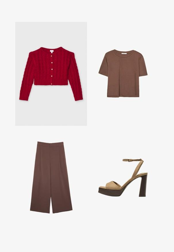 Röd stickad cardigan med en kortad design, som har lång ärm, rund halsringning och knappar i guldton framtill. Strukturerat kabelmönster.; Brun kortärmad t-shirt i mjukt tyg, med rund halsringning och avslappnad passform. Inga synliga mönster eller detaljer.; Bruna vida byxor med en slät textur, som har hög midja och framfickor. Tyget är lätt och flödar löst.; Beiga suède högklackade sandaler med ett brett framrem och ankelsrem, med en kraftig träblockklack med en strukturerad yta.