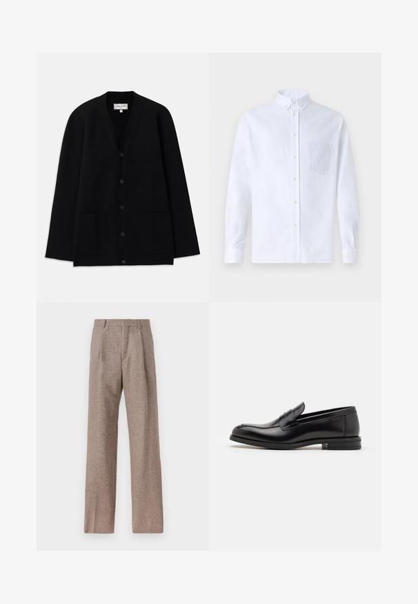 Must vest, mis pehmest materjalist, V-kaelusega, nööbiga kinnitusega ja kahe esise koe taskuga. Lihtne, lõdva siluett.; Valge pikamaa varrukatega nööbiga särk, mis on valmistatud puuvillast ja millel on rinna tasku toon-toonis brodeeringuga, krae ja nööbiga mansetid.; Prunnid, kõrge vöökohaga püksid, mis on valmistatud tekstureeritud kangast. Omavad laiu jalgu ja kahte eesmist voldikut struktuuri jaoks. Korralik viimistlus, ilma nähtava riistvarata.; Mustad mustad nahast loafers sileda tekstuuriga, ümarat ninaosa ja dekoratiivne riba vampi üle. Madal kihiline konts, minimalistlik disain.