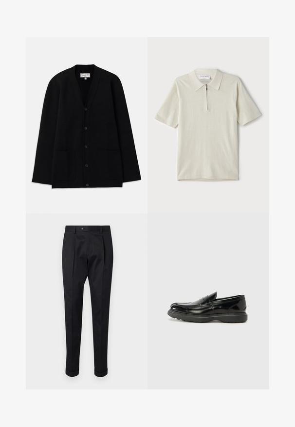 Musta neuletakki, joka on valmistettu pehmeästä materiaalista. Siinä on V-pääntie, nappikiinnitys ja kaksi etutaskua. Yksinkertainen, rento siluetti.; Vaate lyhythihaisista polo-paitojen vaaleassa beige-värissä, jossa on vetoketjukaulus. Valmistettu sileästä kankaasta, yksinkertainen ja moderni malli ilman kuvioita.; Musta housut, jotka on valmistettu sileästä kankaasta, ja niissä on etuosassa laskos, nappisulku sekä käänteet nilkassa.; Mustat nahkakengät, joissa on kiiltävä pinta, pyöreä kärki, huomaamaton ompelu ja paksu kumipohja kestävyyttä varten.