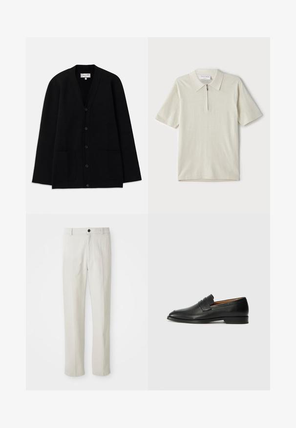 Gilet noir en tissu doux, avec un décolleté en V, une fermeture à boutons et deux poches avant. Silhouette simple et décontractée.; Polo à manches courtes en beige clair avec un col zippé. Fabriqué en tissu lisse, il présente un design simple et moderne sans motifs.; Pantalons beiges à jambe droite avec passants de ceinture, bouton avant et fermeture éclair, présentés à plat sur un fond blanc.; Mocassin en cuir noir avec un bout arrondi, des coutures subtiles et un talon bas, présentant une texture lisse et un design minimaliste.