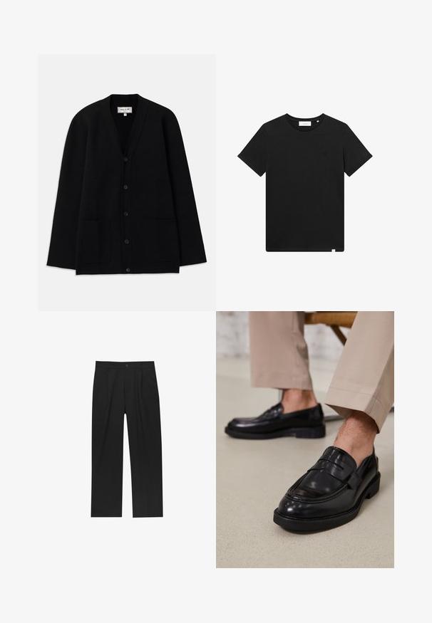 Gilet noir en tissu doux, avec un décolleté en V, une fermeture à boutons et deux poches avant. Silhouette simple et décontractée.; T-shirt noir à manches courtes en coton, avec un col rond et un petit logo brodé sur la poitrine. Texture lisse, coupe standard.; Pantalons noirs au design droit, fabriqués à partir d'un tissu lisse. Dotés de plis sur le devant et d'une fermeture à un bouton à la taille.; Mocassins en cuir noir avec une finition lisse, ornés d'une sangle décorative et de coutures contrastées, associés à un pantalon beige.