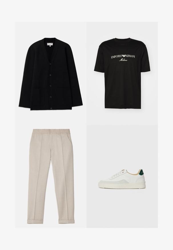 Schwarzer Cardigan aus weichem Material, mit V-Ausschnitt, Knopfverschluss und zwei Fronttaschen. Schlichte, lässige Silhouette.; Schwarzes Baumwoll-T-Shirt mit Rundhalsausschnitt, kurzen Ärmeln und dem "EMPORIO ARMANI"-Logo in Weiß über dem geschwungenen Schriftzug "Milano".; Filippa K TERRY CROPPED TROUSERS - Stoffhose - sage melange; Weiße Sneaker mit Wildlederelementen, runder Zehenpartie, flachen Schnürsenkeln und einer cremefarbenen Gummisohle. Mit grünen Markenlogo am Fersenbereich.
