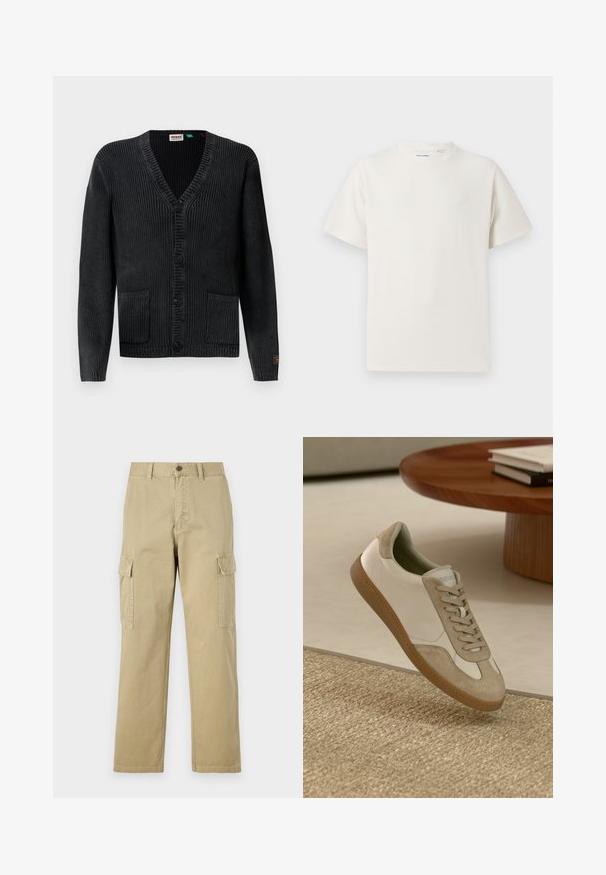 Mustmust vest, millede V-kaelus, nupplukuga, kahe esitaskuga, sooniktekstuuriga ja õlale kinnitatud peen brändi silt.; Valge lühikeste varrukatega T-särk ribakudumises. Ümar kaelus, mugav lõige, nähtavad mustrid ega aksessuaarid puuduvad. Lihtne ja mitmekesine disain.; Beige cargos, mis on valmistatud puuvillast, sisaldavad kahte küljetaskut, nööbiga sulgemist ja sirgeid jalgu, millel on kergelt tekstureeritud kangas.; Kerge jooksutoss, millel on valgest nahast ülemine osa beezide seemisnahkdetailide ja ümmarguse varbaga, ning tekstureeritud pruun kummitald.
