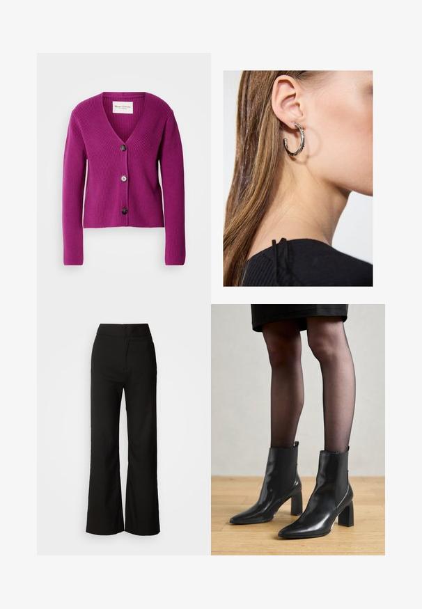 Violet izšūti kardigāns ar V veida kaklu, garām piedurknēm un trim melnām pogām priekšpusē. Tekstūrēta auduma pievilcīgums, kas nodrošina siltumu un detaļas.; Melnā top forma bez piedurknēm, kas izgatavota no mīksta, elastīga auduma. Iezīmes apaļa kakla izgriezuma un platām plecu lencēm, ar pieguļošu siluetu un gludu tekstūru.; Melni platlegu bikses ar gludu tekstūru, augsto vidukli un tīru dizainu. Nav redzamu kabatu vai rotājumu.; Melni ādas potīšu zābaki ar izdilušu purngala formu, masīvu kvadrātveida papēdi un elegantu dizainu. Iekļautas elastīgas sānu paneļi, kas nodrošina ērtu uzvilkšanu.; Sudraba auskars ar pulētu apdari, ar maziem zelta akcentiem un apaļu formu, uz ausu ļipiņas.